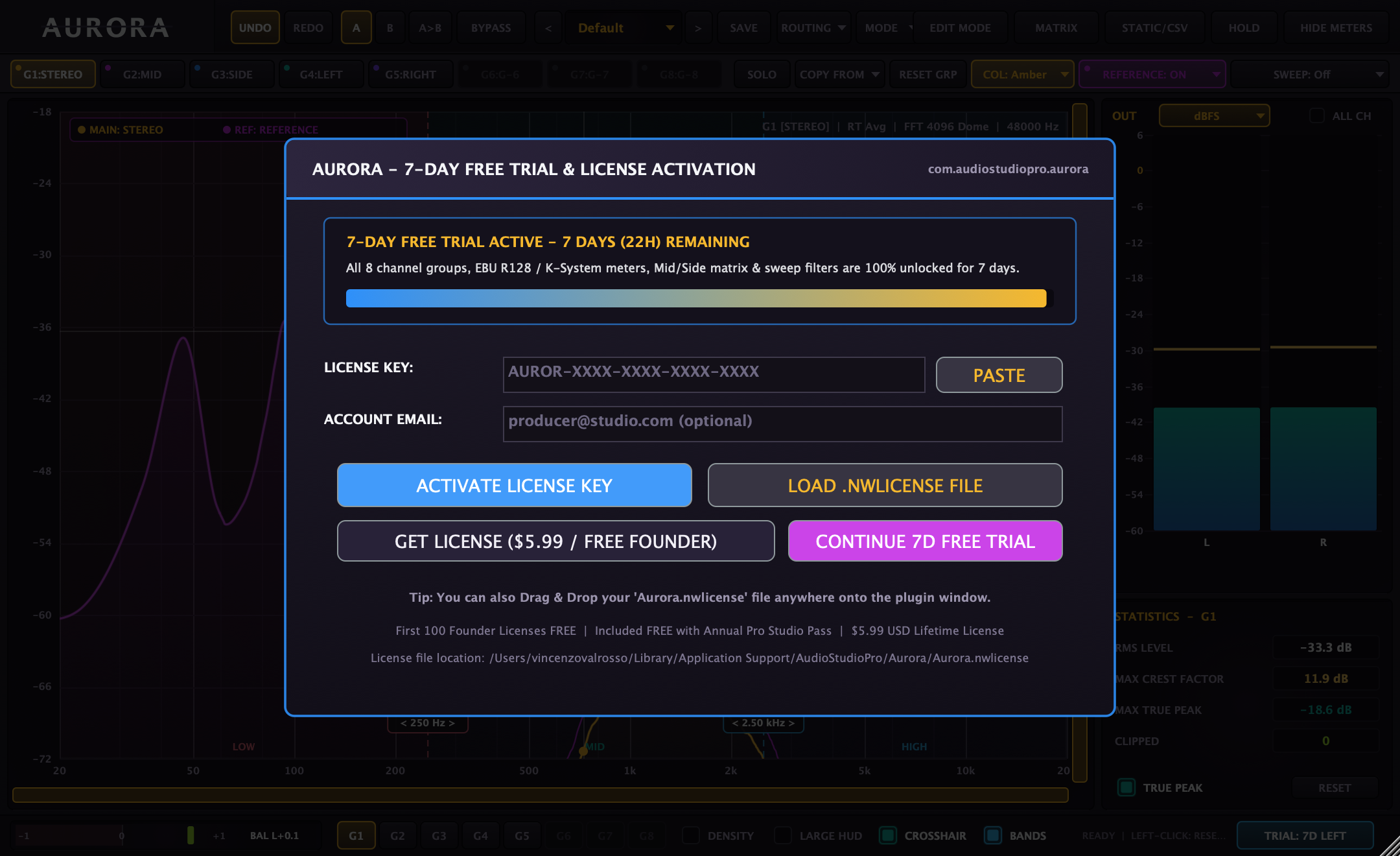 Aurora License Activation Modal